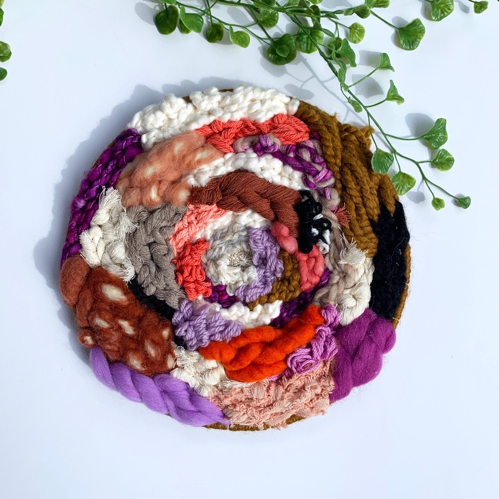Handwoven Round Wall Hanging Boho Funky Coral and Purple 10" Round Wall Art